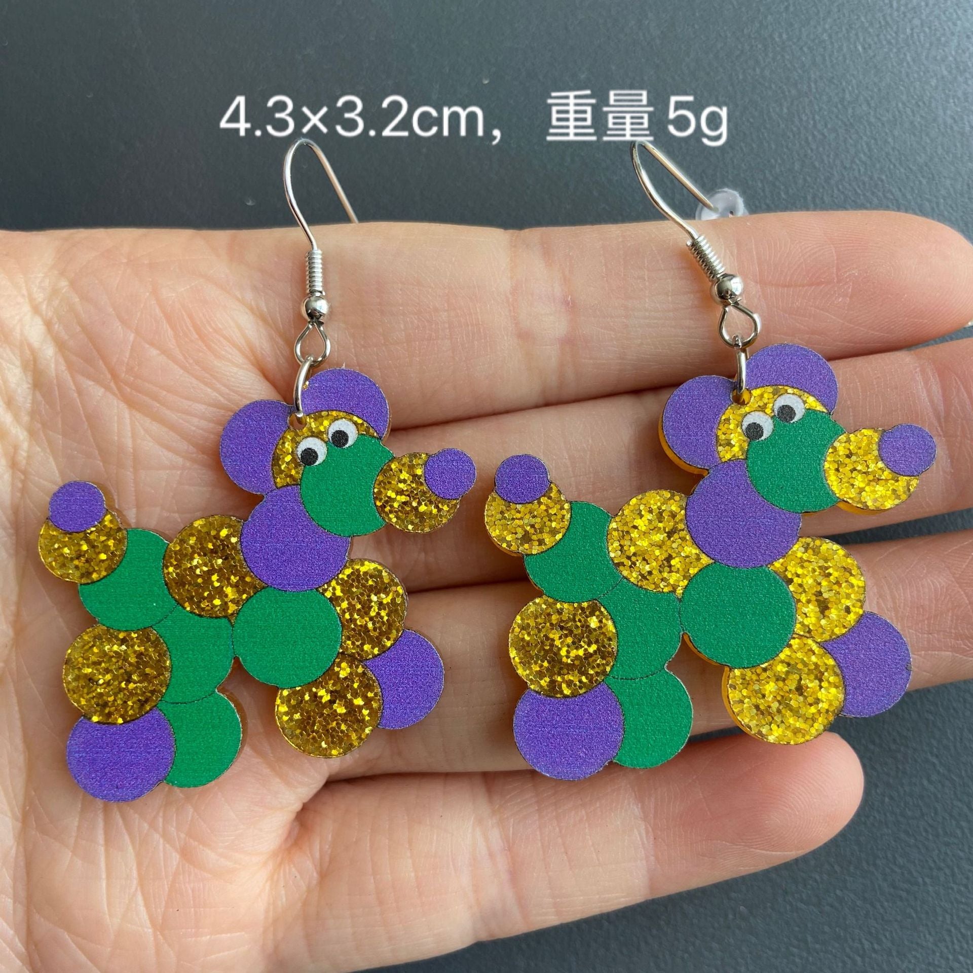 Wholesale Mardi Gras Tricolor Alpaca Champagne Bottle Ice Cream Tree Dog Earrings